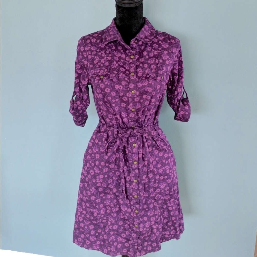 NWOT Merona Purple Floral 3/4 Sleeve Belted Shirt Dress with Pockets, Size L - Picture 3 of 14